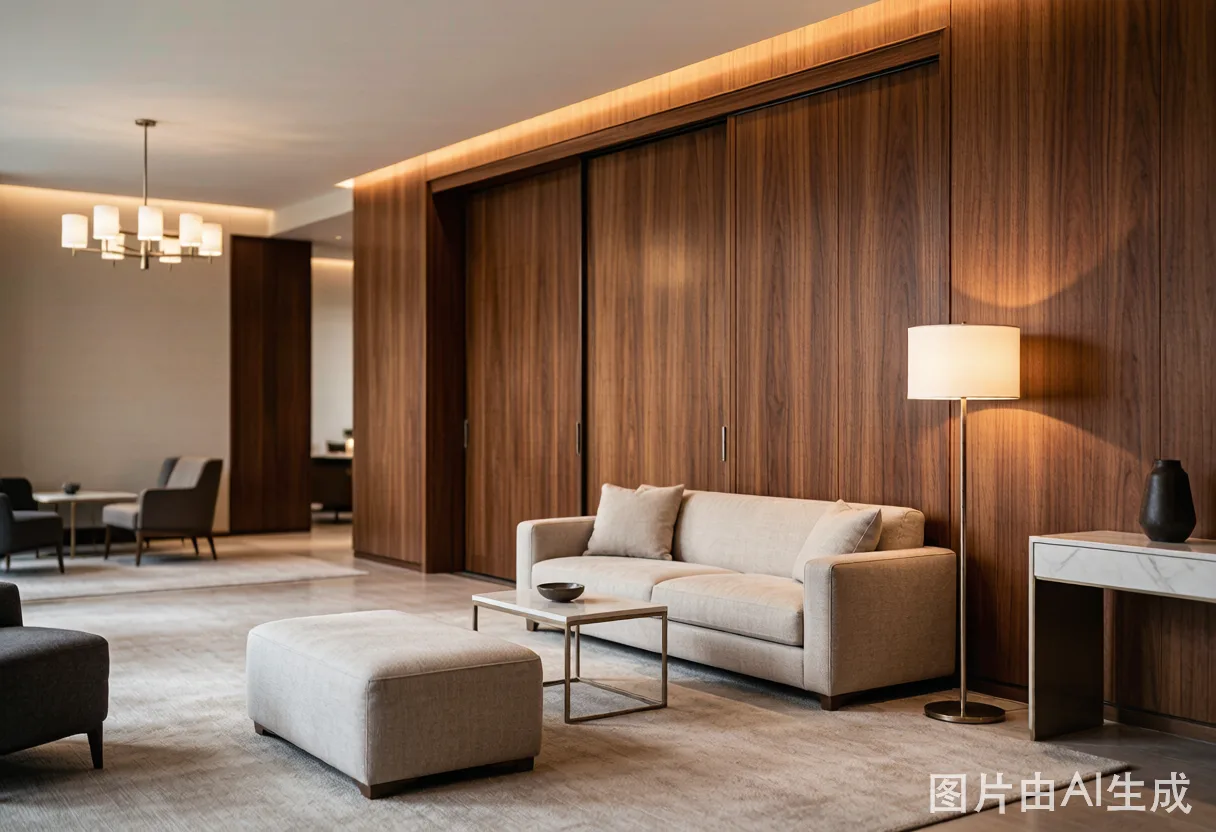 Hotel lobby with walnut veneer